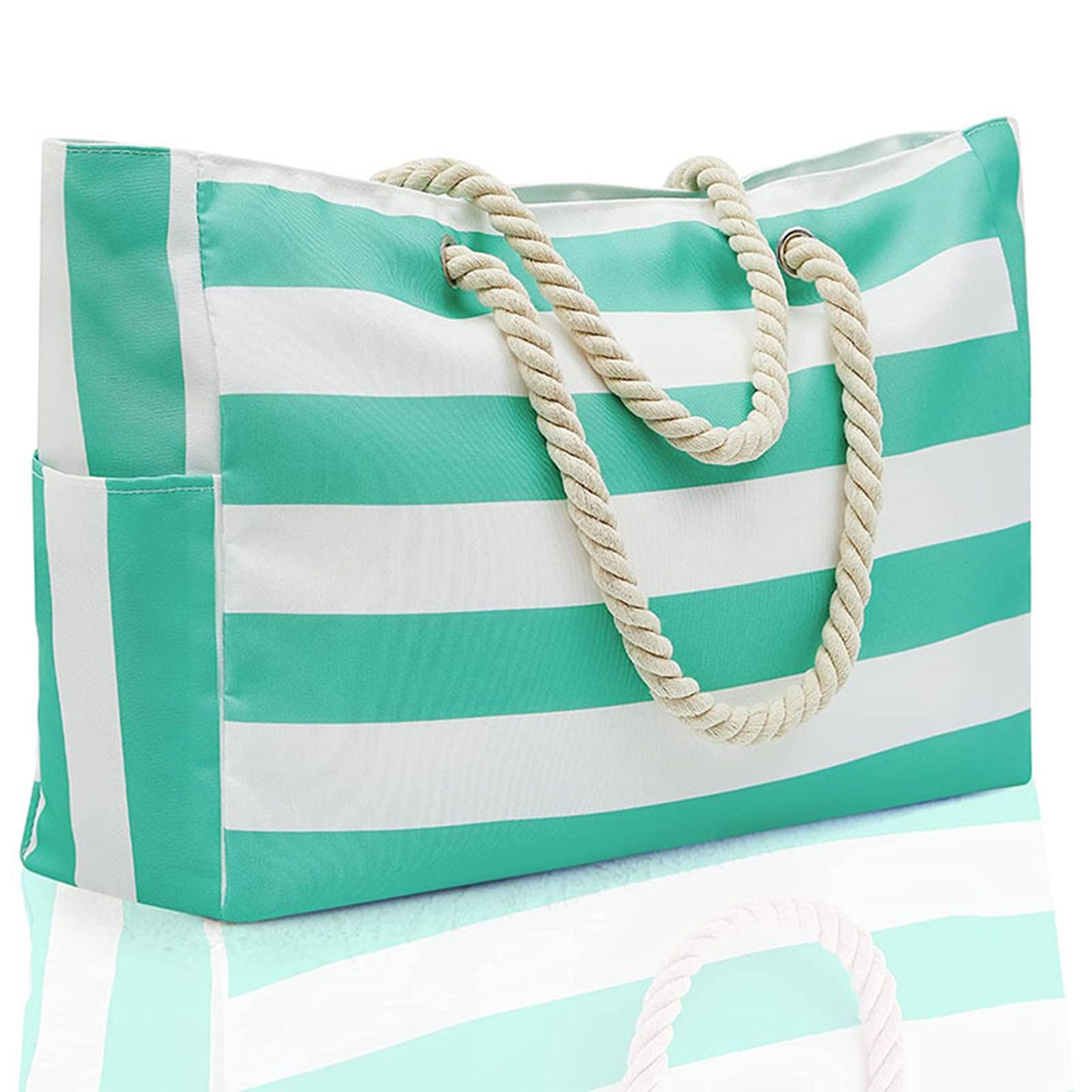 

Women Beach Bags Large Waterproof Stripe Printed Tote Handbag Casual Shoulder Bags Sandproof Swim Pool Bag For Travel Shopping ціан