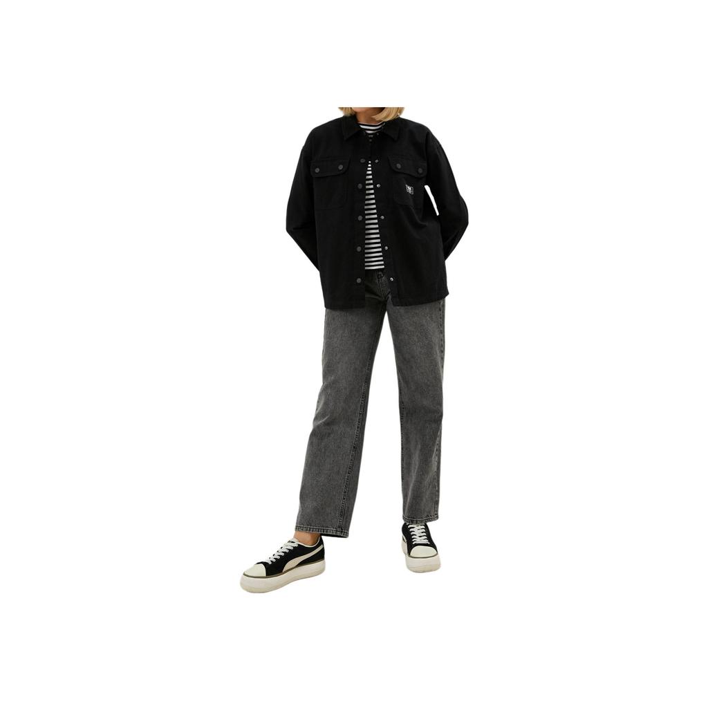 Vans Logo Outdoor Casual Jacket Micro Print Solid Color Collar Work Style Jacket Women Jacket Black VN0A5LLCBLK