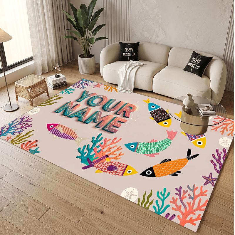 Fisch Meeres-Thema Weicher Kristall-Samt Teppich Benutzerdefinierter Name & Text Druck Rutschfester Boden Teppich für Schlafzimmer Wohnzimmer