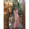 Kumikumi Holiday Style Blooming Pink Sling Dress Women Summer Slim Fit Age-Reducing Chic Floral Long Skirt