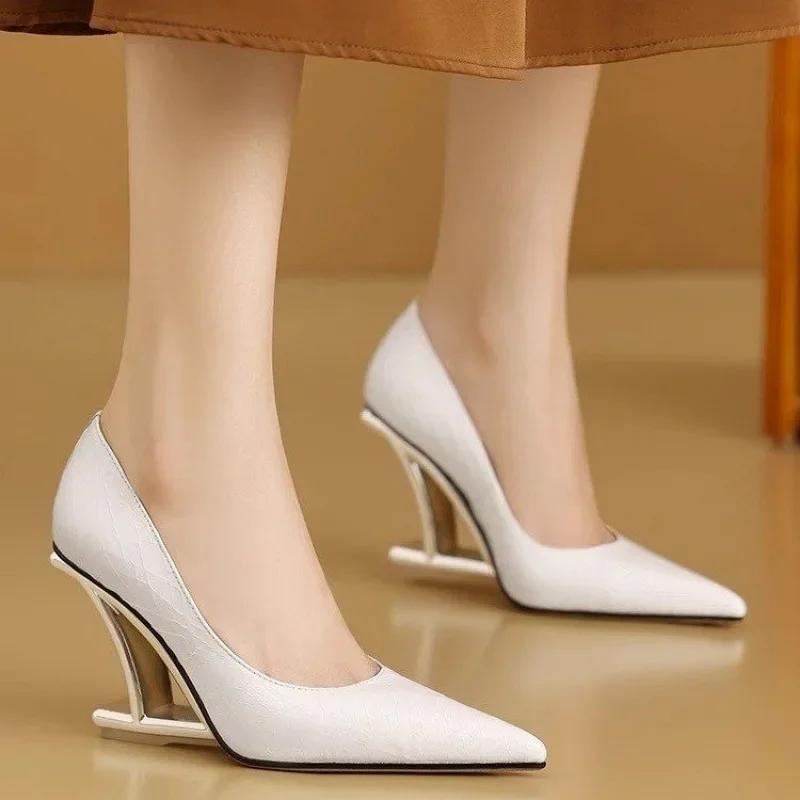 Pumps Women Shoes Flower Totem Slip-On Shallow Shoes Wedding Party Pointed Toe High Heels Pump Femme Special-shaped Heel