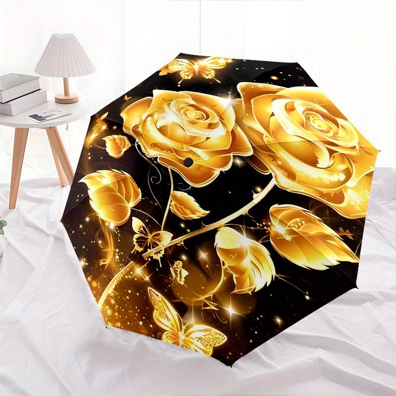Golden Roses Butterflies Theme 8 Bone Hand Automatic Folding Umbrella, Compact and Portable Design, A Perfect Gift for Birthday, Christmas O