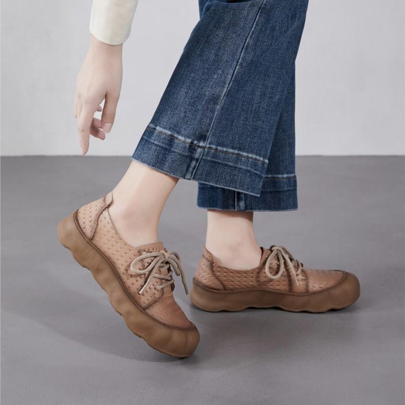 Johnature Retro Lace Up Soft Soled Shoes Comfortable Genuine Leather Versatile Women's Flat Shoes