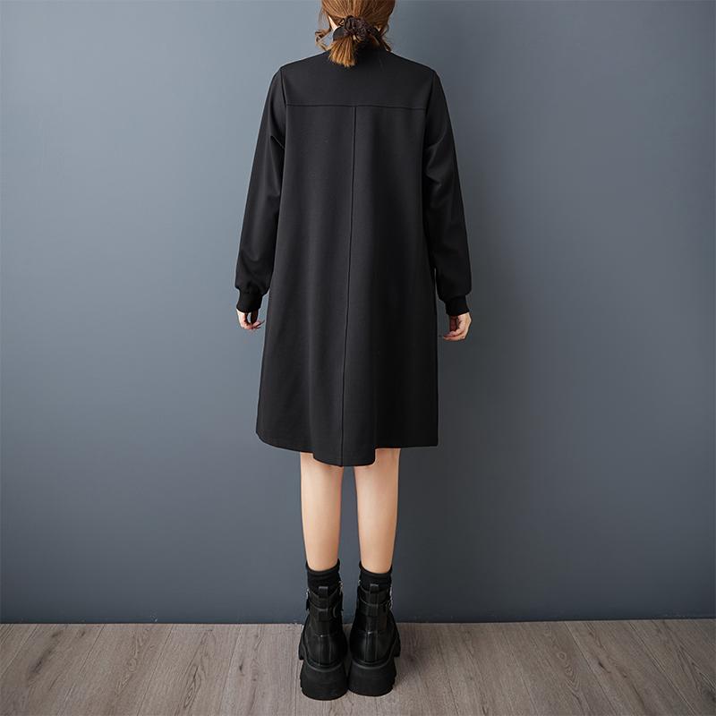 DIMANAF 2025 Women Plus Size Autumn Shirt Dress Loose Casual Oversize Long Sleeve Vintage Dress Black Zipper