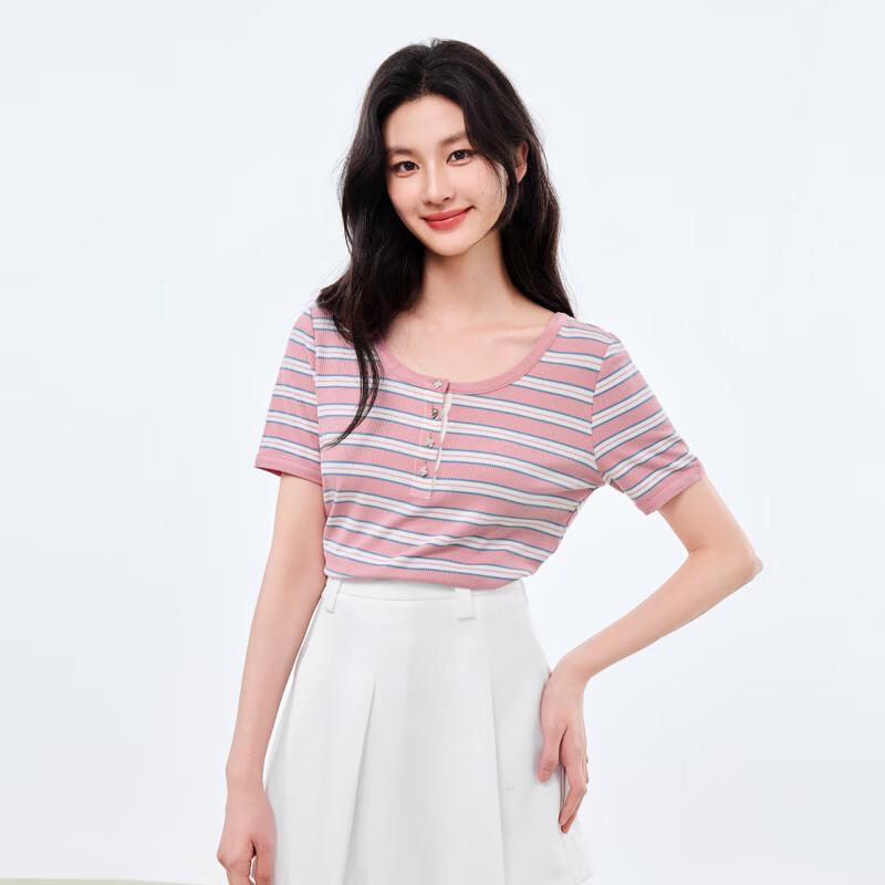 Qiusui Yiren Women's Color-block Striped Knit T-shirt