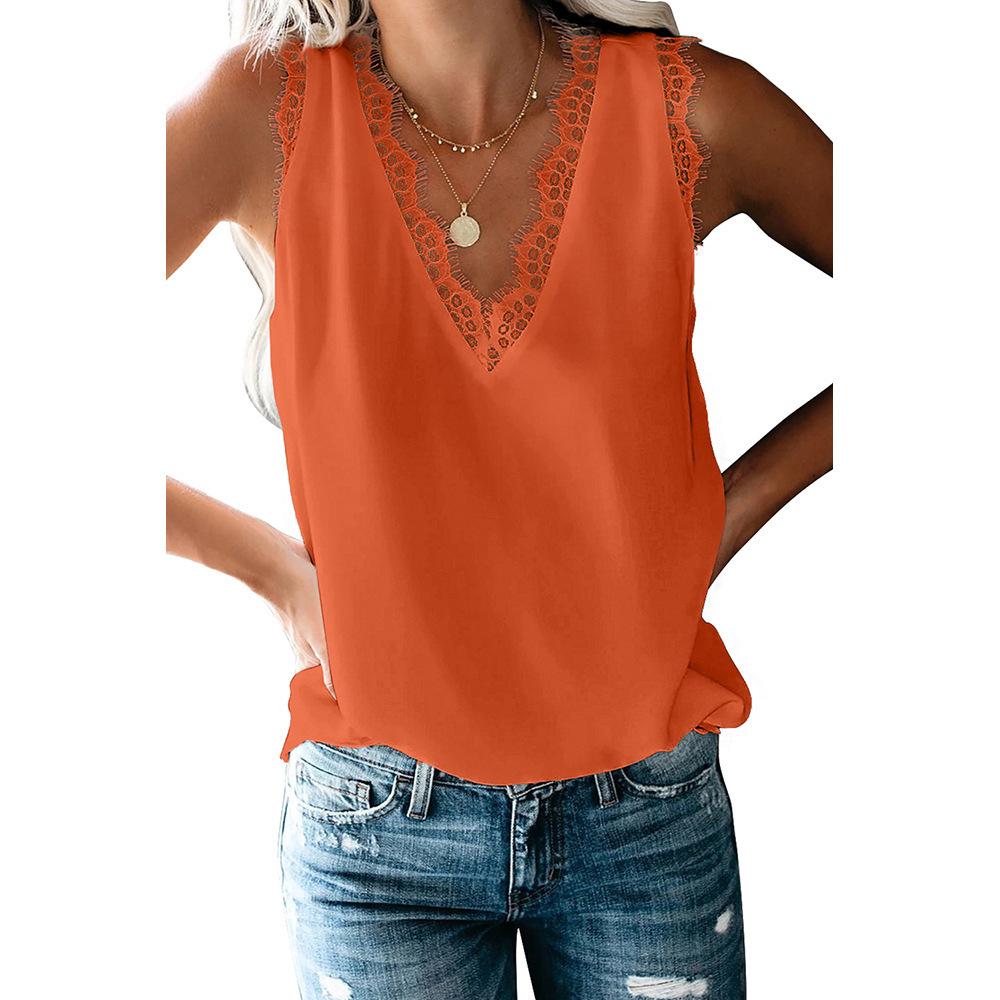 Women's V Neck Sleeveless Tank Top Loose Lace Trim Solid Color Casual Camisole
