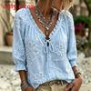 Camicetta Ricamata Floreale Vintage con Scollo a V e Dettagli a Ruffle per Uso Casual