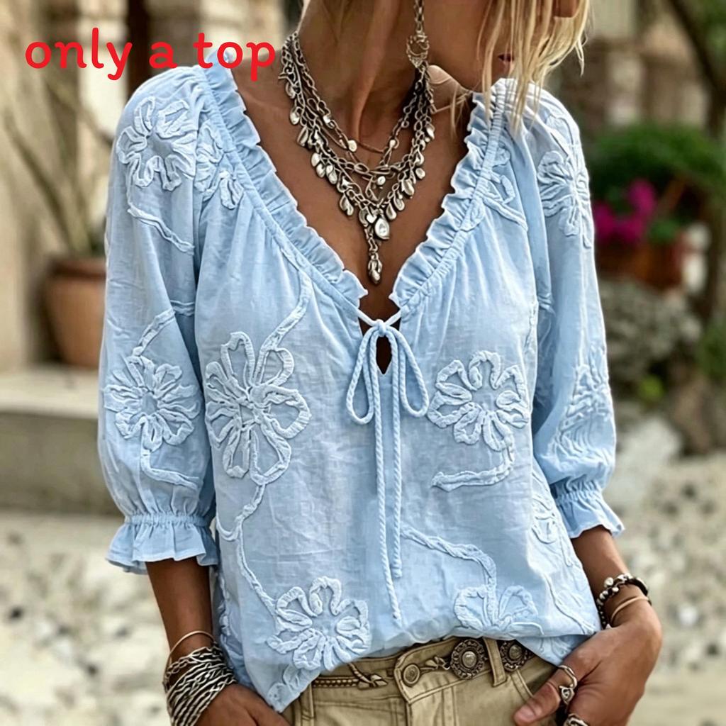 Camicetta Ricamata Floreale Vintage con Scollo a V e Dettagli a Ruffle per Uso Casual