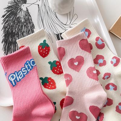 Fashion Roze Ins kousen Fashion Leuke Damessokken Letter Love Aardbei Middellange kousen