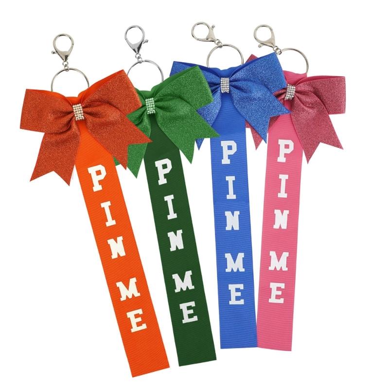 Pack of 8 Elegant Glitter Cheerleader Keychain Accessories Rhinestones Cheer Bowknot Ribbon Sports Team Spirit Gifts