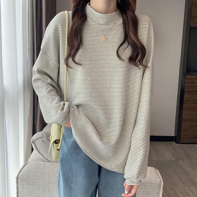 Autumn Winter Half High Collar Fashion Bottoming T-shirt Female Clothing Solid Color Korean Long Sleeves Loose Affordable Tops