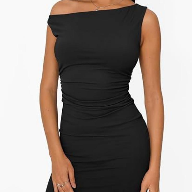 

Women s off-shoulder neckline, gathered waist sleeveless bodycon dress L чёрный
