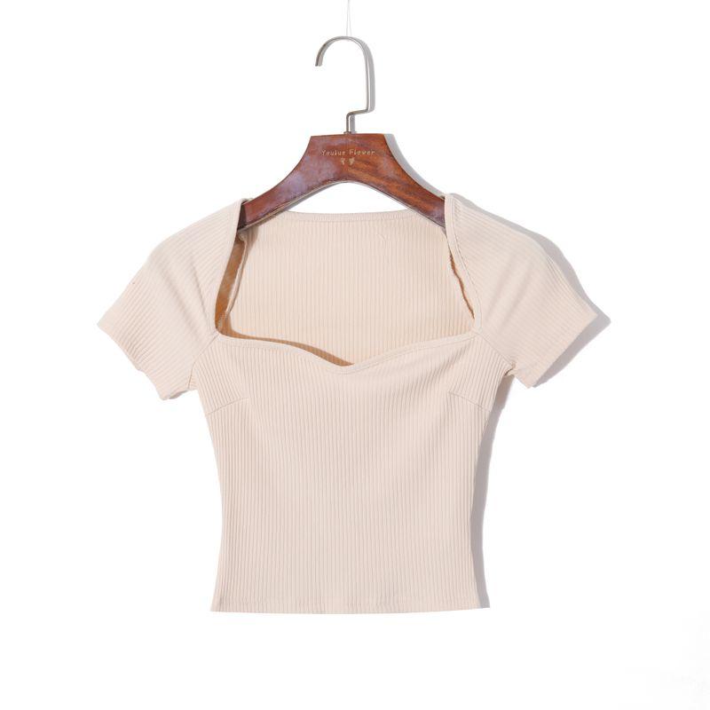 

2025 Summer Women s Clothing K-style Minimalist Pure Color Elegance Square Collar Pullover Short Sleeve Silm Stretch Plaid Short T-shirt Milk Tea S