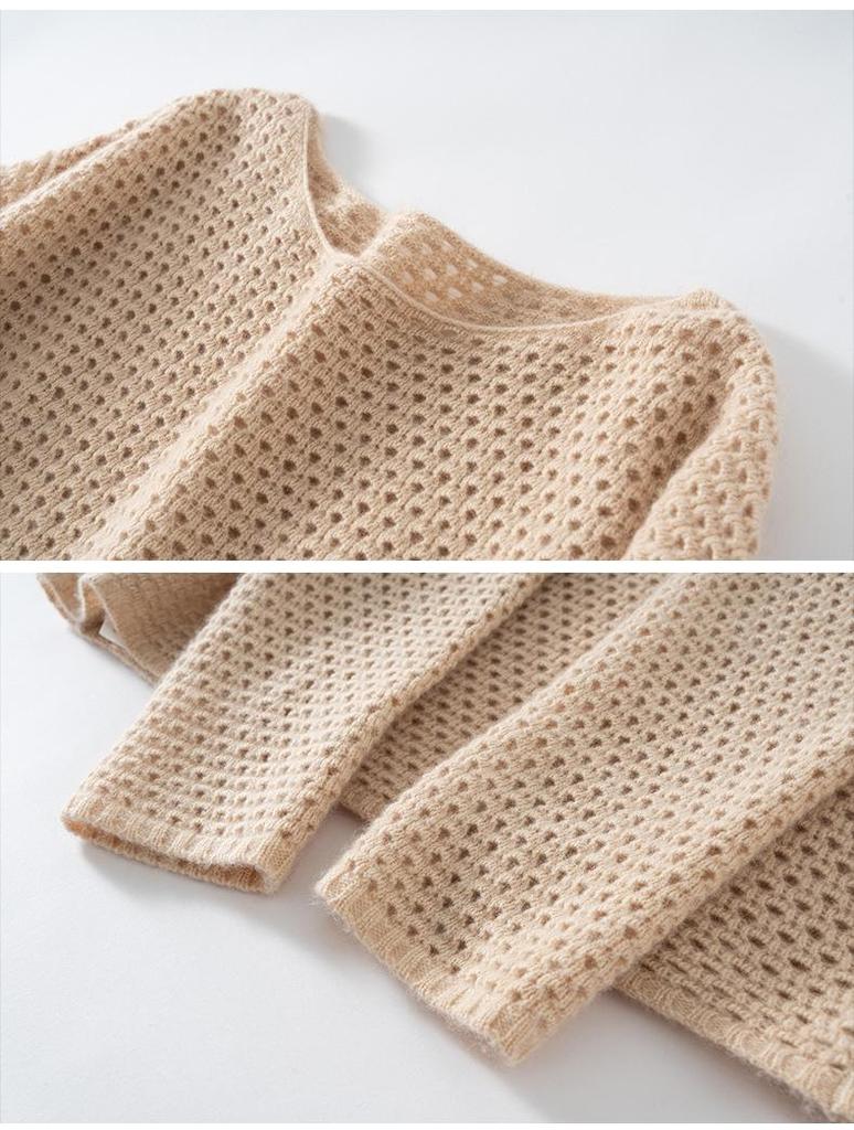 Solid Color Cashmere Hollowed-Out Retro Round Neck Long Sleeve Sweater - Autumn Winter Versatile Loose Knitwear