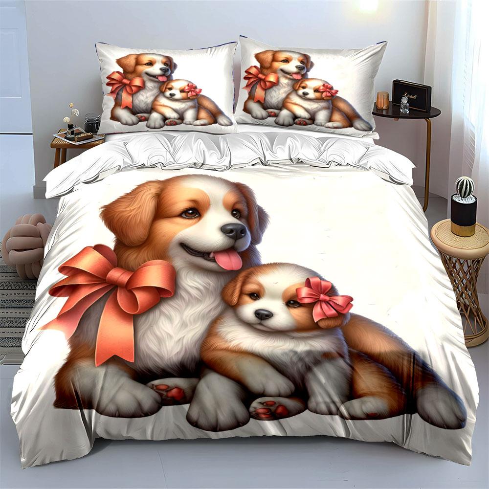 Adorable Puppies Ribbons Radiating Warmth Bedding Sets Duvet Cover Sets Duvet Covers Pillowcases(1* Duvet Cover 2 * Pillowcases, Without Duvet Insert)