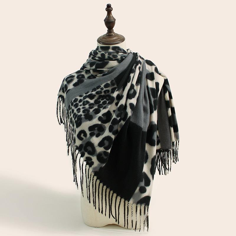 Leopard Print Women's Warm Scarf Color-block Leopard Wrap Shawl