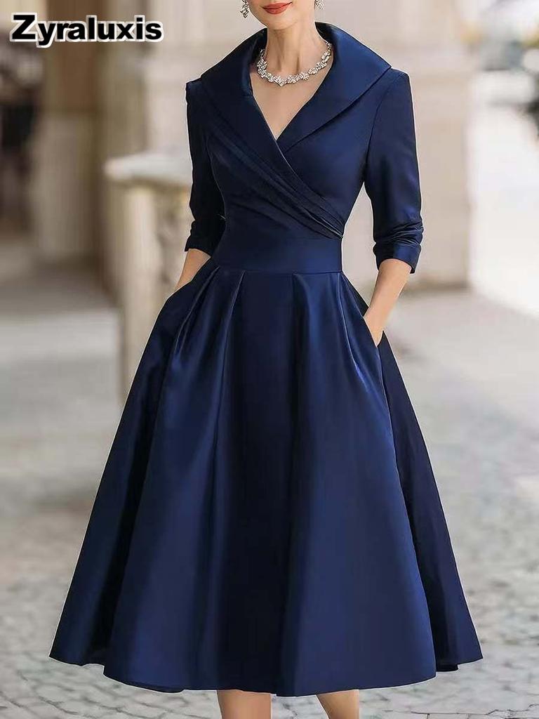 Moda Nuovo Abito Stile Hepburn Vita Alta Dimagrante Manica Lunga Completo Vestito