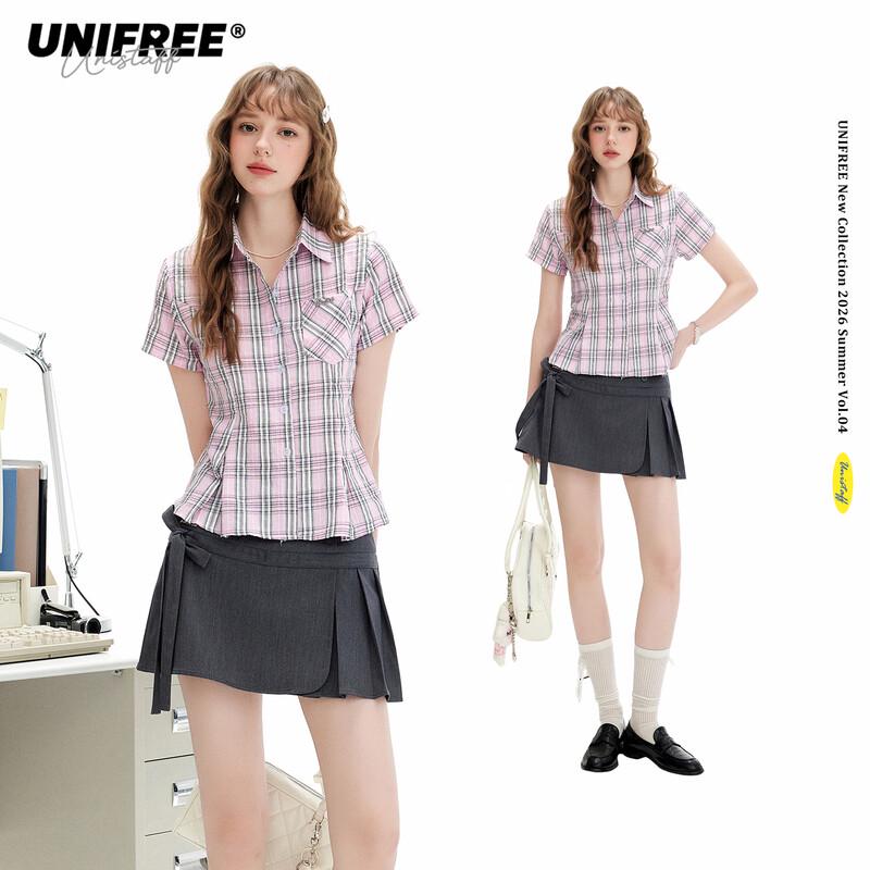 UNIFREE Sweet Plaid Short Sleeve Shirt S