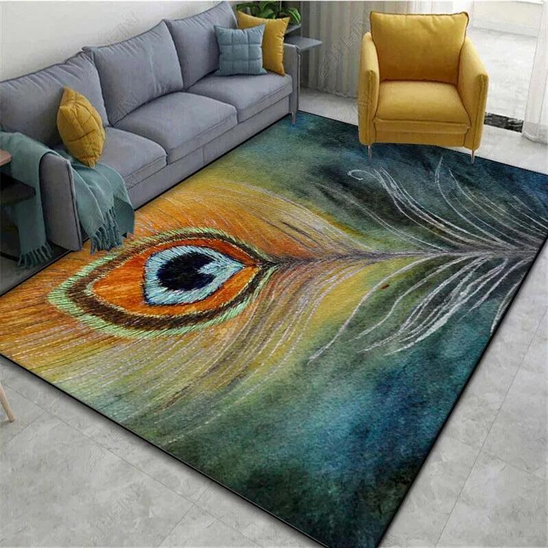 Peacock Feather Pattern Area Rug Colorful Animal Bird Fur Non-slip Carpet, Living Room Bedroom Polyester Mat Home Decor Doormat