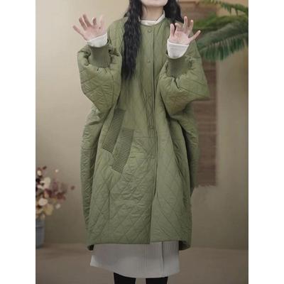 Autumn Winter Mid-Long Lingge Female Down Cotton Coat Round Neck Loose Thin Women's Solid Color Outerwear