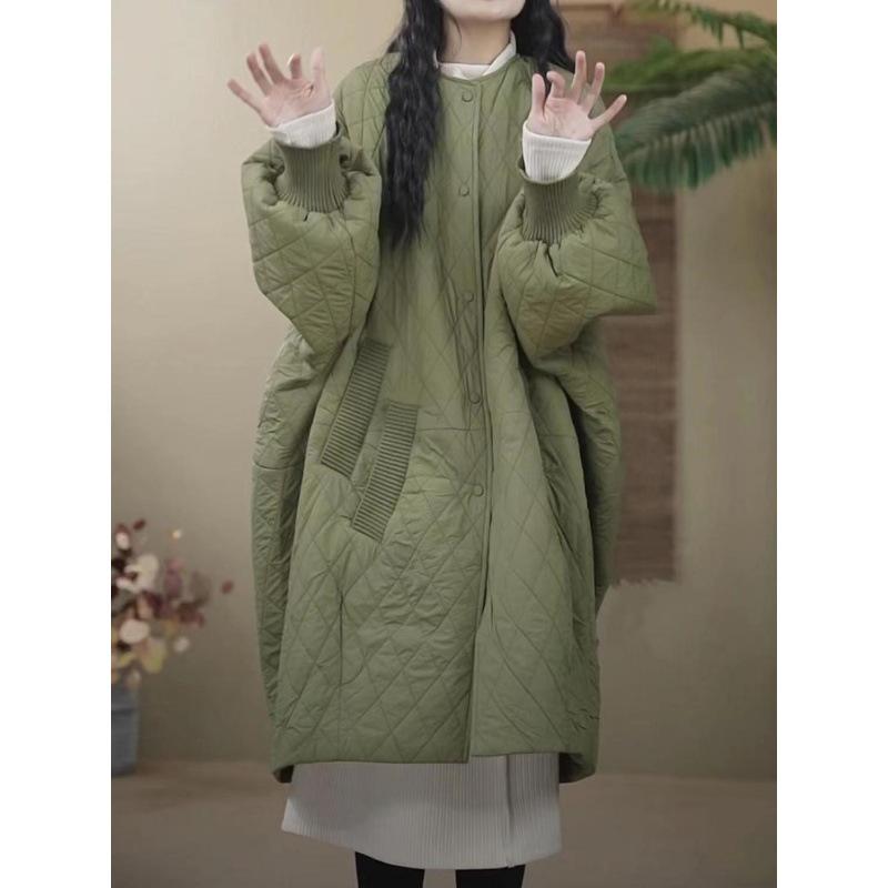 Oversized Diamond Plaid Down Cotton Jacket European Women Coat Long Lightweight Cotton Jacket Winter Parka Coat Female