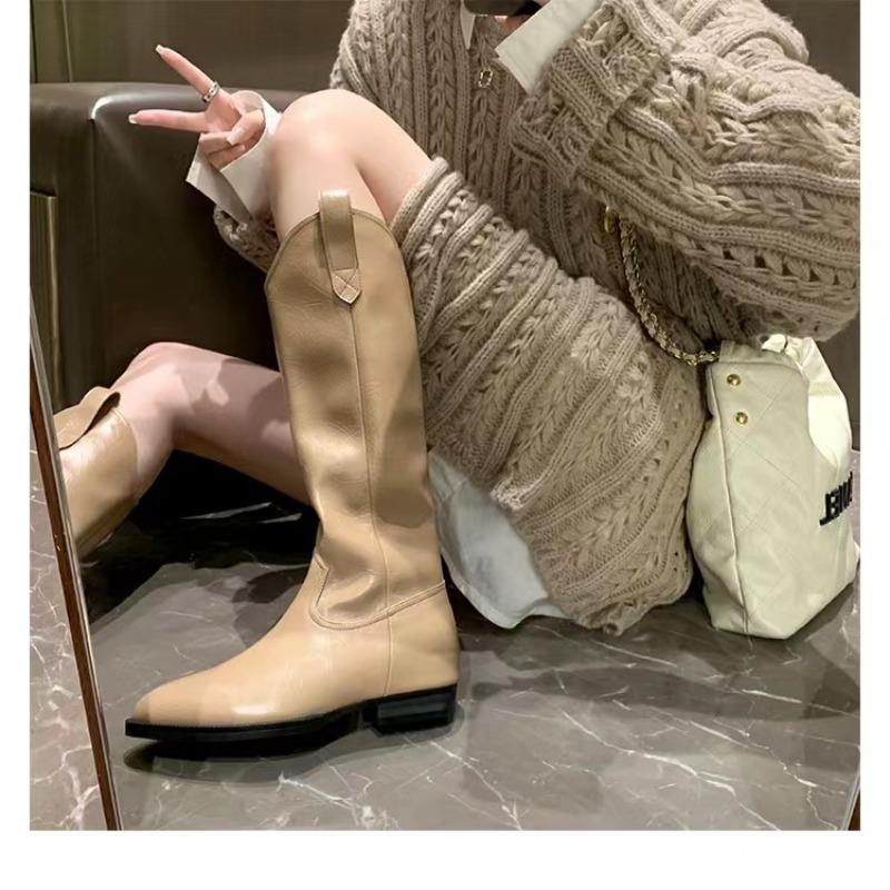 Cowhide~ V-mouth But Knee-high Boots Pointed Western Boots Leather Knight Boots Women's Boots