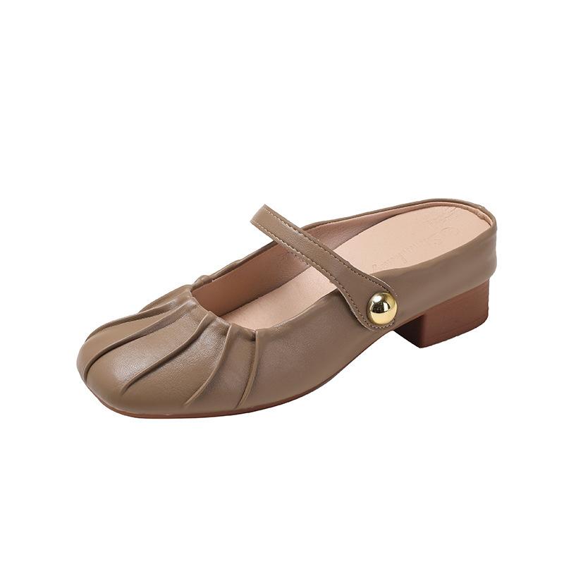 Khaki bag head half slippers women wear gentle Mary Jane women's shoes small size 33 half tray inner height increase
