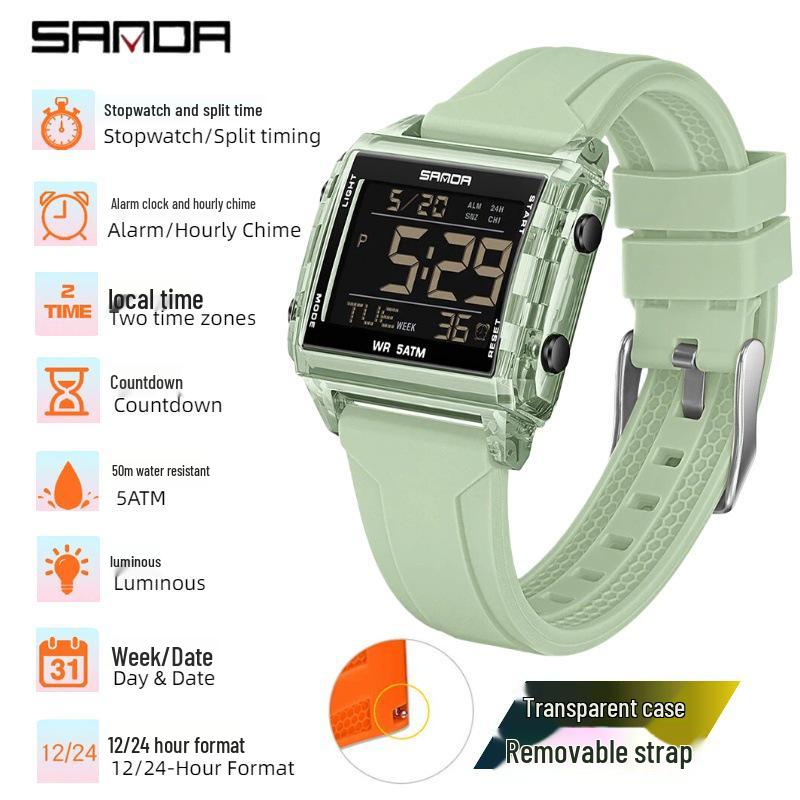 Sanda Transparent Electronic Square Watch with Large Dial for Students - Multifunctional Countdown Sports Wristwatch