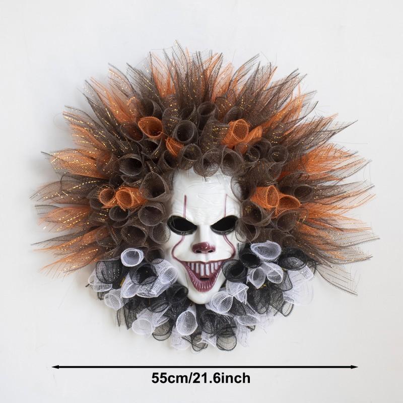 Halloween Clown Wreath Decor With Ribbon - Scary Fun Party Hanging Ornament Haunted House Porch Door Indoor Outdoor
