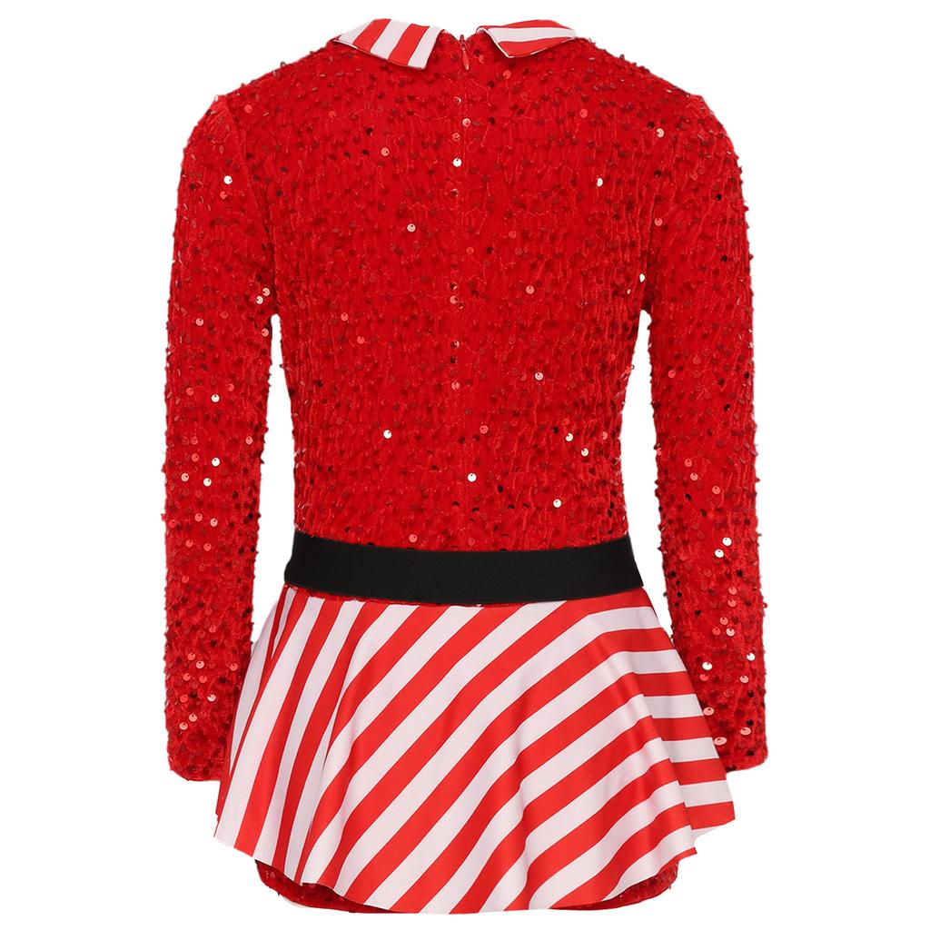 Kids Girls Candy Cane Striped Sequins Ballet Dance Shorty Unitard Dress Christmas Costume Moden Jazz Latin Performance Dancewear