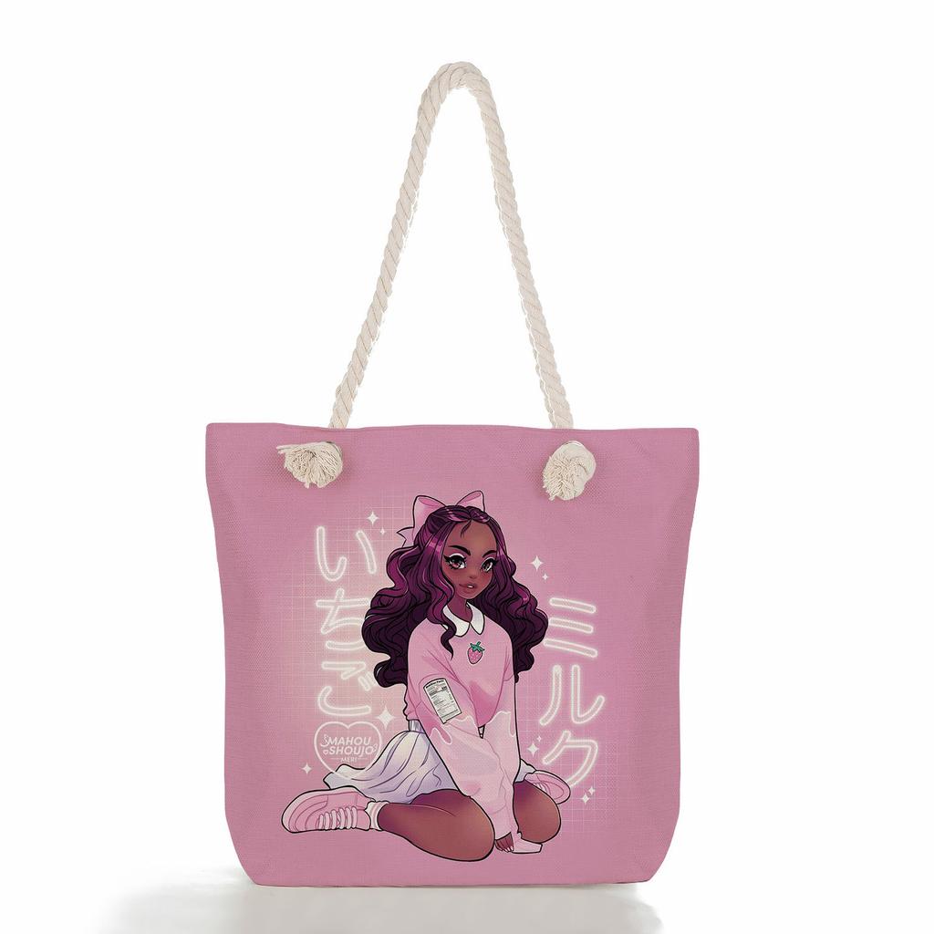 Multifunctional Black Girl Printed Thick Rope Shoulder Beach Bag Casual Large Capacity Handbag 0105