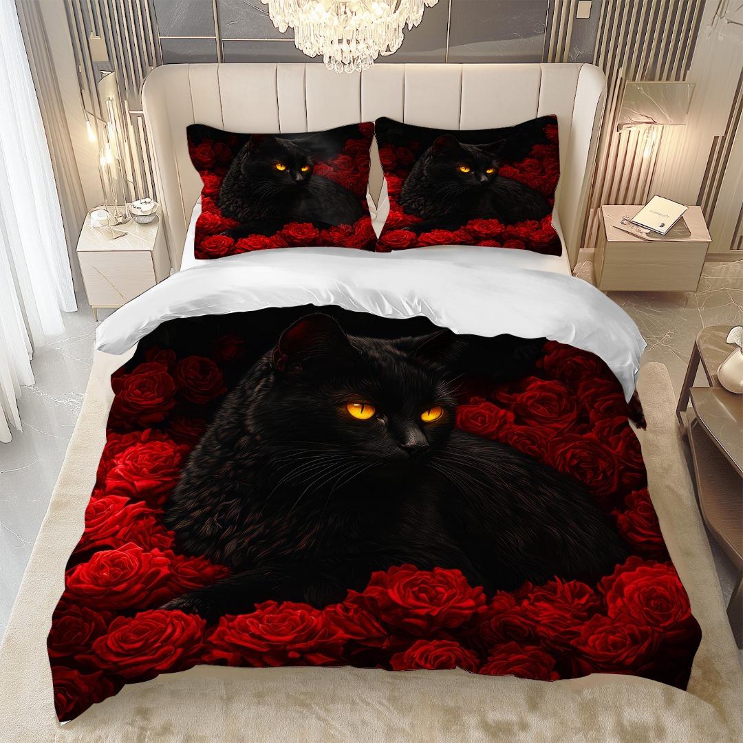 

Alluring Black Cat Roses Bedding Set Digital Printed Soft Duvet Cover King Queen Twin Single Size Bithday Gift Room Decoration EU Single 135x200cm