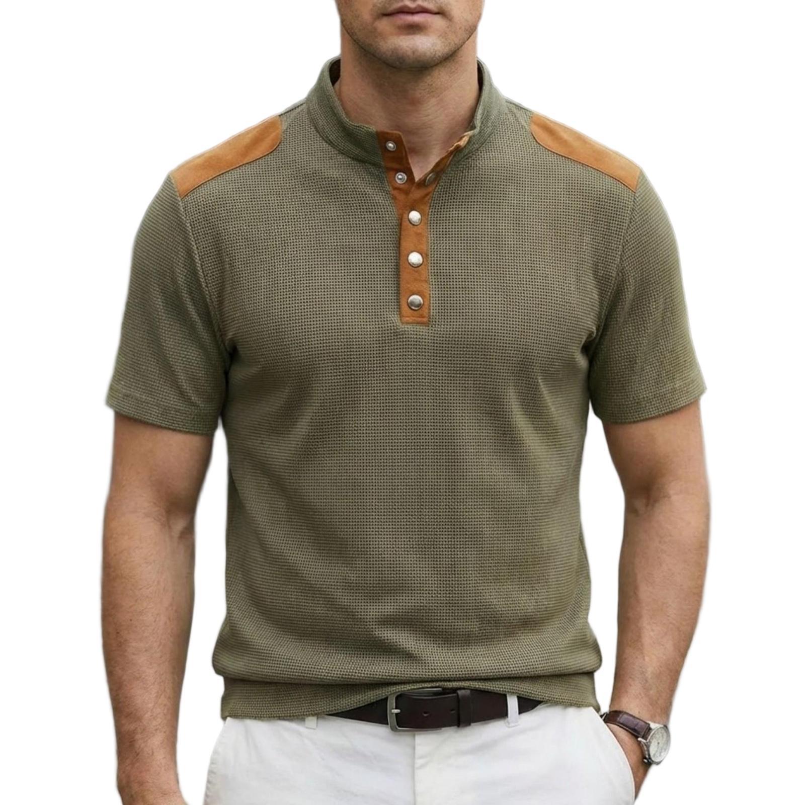 Men s Casual -Weave Collared Color-Blocked Lightweight Breathable Short-Sleeve Top L