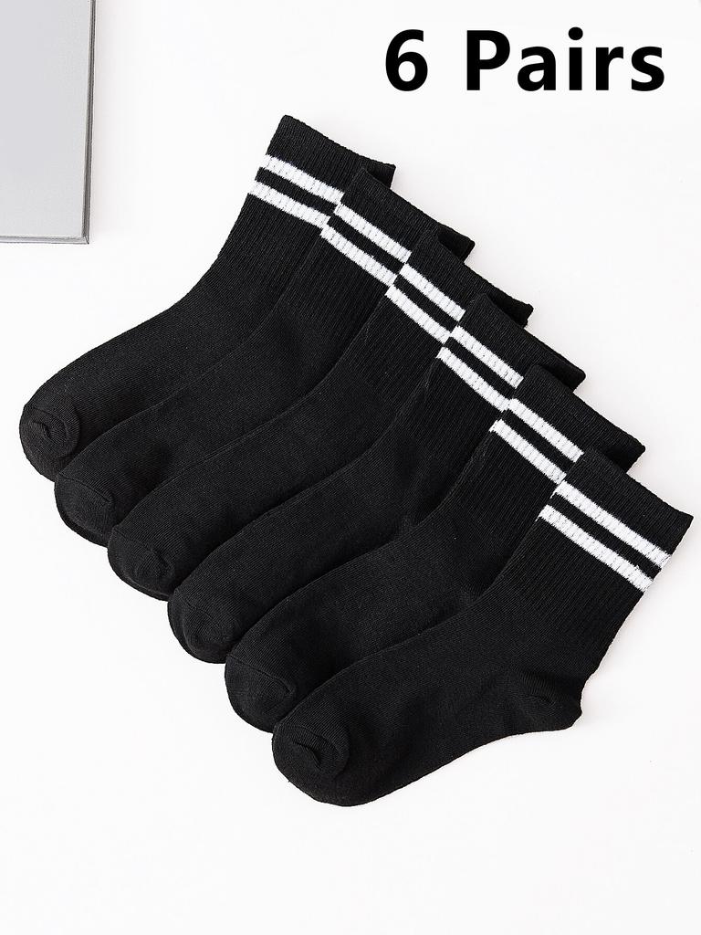 6 Pairs Women'S High Tube Mid Length Stockings Set In Pure Black And White With Parallel Bars Popular And Sweat Absorption