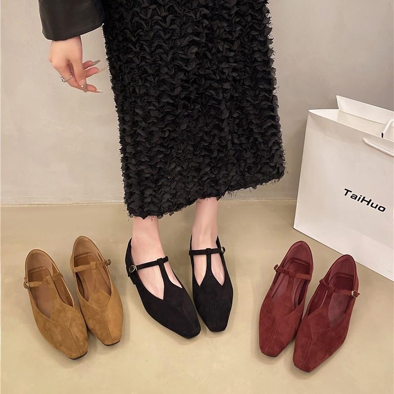 French small square head retro thick heel suede single shoes women's autumn design buckle Mary Jane shoes