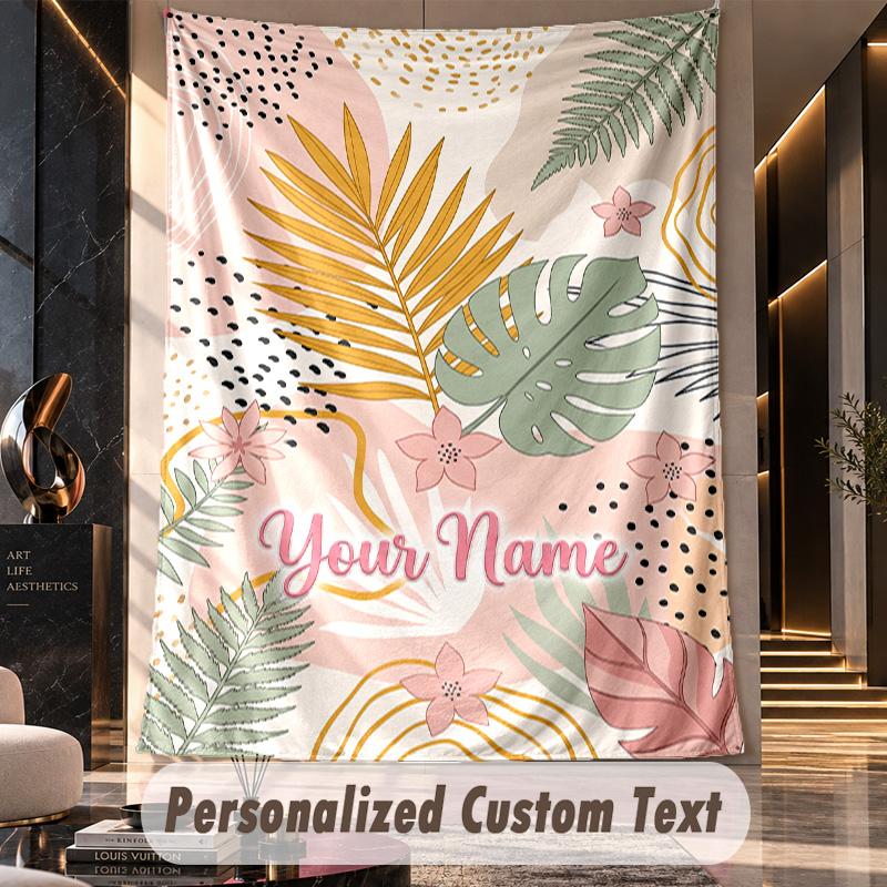 Tropical Leaves Elegance Theme Wall Tapestry Customized With Name Text Personalized Hanging Tapestry For Bedroom Living Room Decor