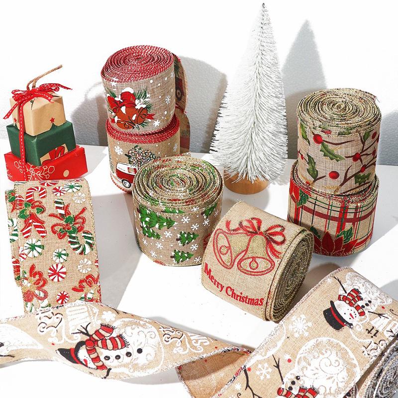 2M/Roll Christmas Classical with Wired Edge DIY Xmas Tree Ribbon Gift Wrapping Craft Ribbon Wreath Bows Imitation Hemp