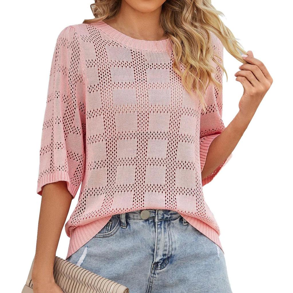Camicette traforate tinta unita a mezza manica da donna, casual, stile Y2k, magliette in maglia, leggere, stile retrò, top estivi