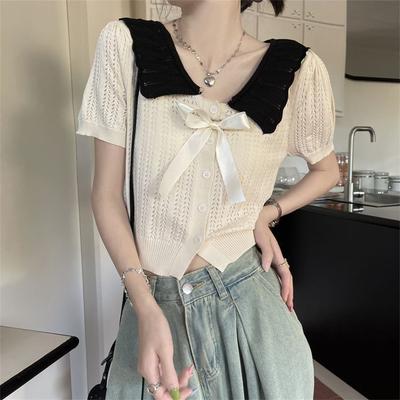 Cardigan Tricoté à Manches Courtes avec Col de Poupée Ajouré pour Femme Doux Col Revers Festonné Court Style Collégial Haut Élégant pour l'Été