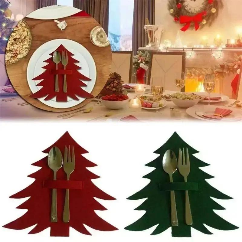 New Christmas Tree Tableware Mat Spoon Fork Table Mat Christmas Day Set Home Kitchenware Table Decoration Supplies Red And Green