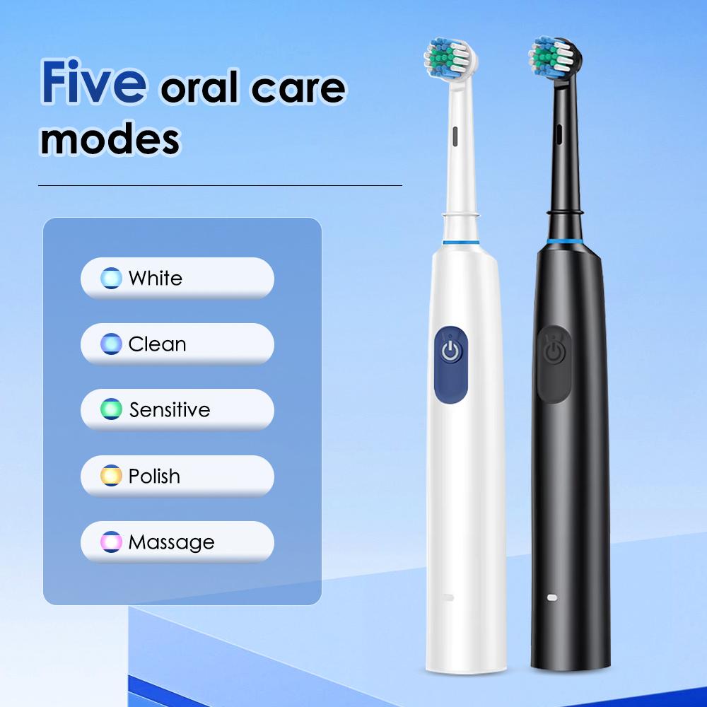 Round Rotating Electric Toothbrush, 5 Cleaning Modes 2 Timer Setting Teeth Whitening, with 4 Replacement Heads,Best Gift
