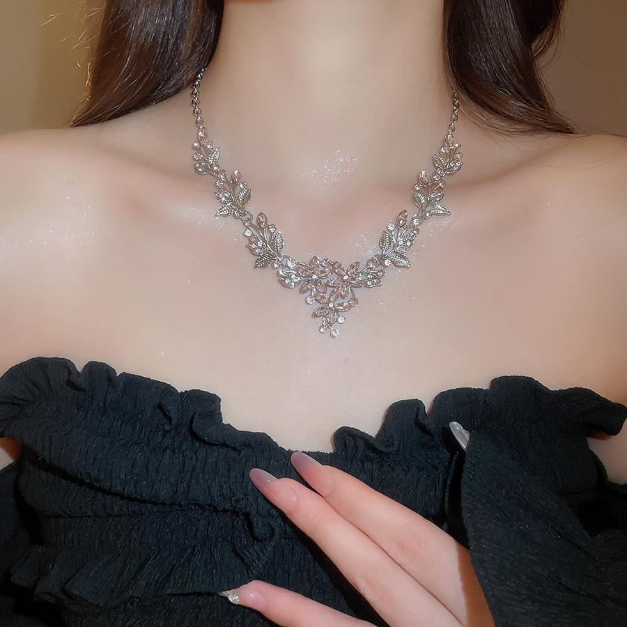 Luxury Rhinestone Leaf Flower Clavicle Necklace & Earring Set for Women