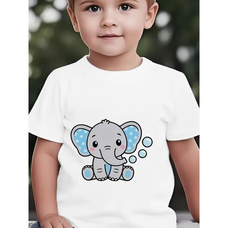 Boys Cute Cartoon Elephant Print Crewneck Short Sleeve Tee, Summer Casual Top for Kids