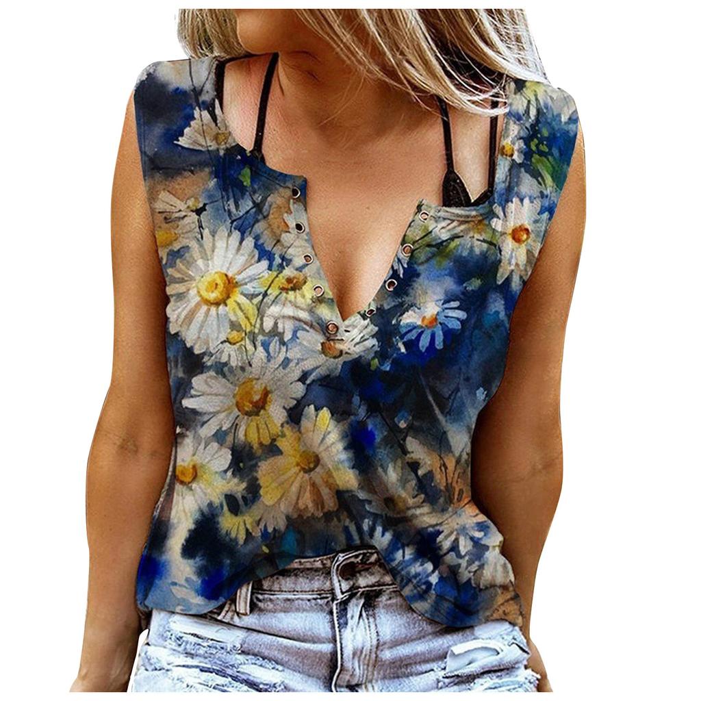 Frauen Tanks Sexy V-ausschnitt Ärmellose Sommer Tops Weste 3D Druck Blau Chrysantheme Tops