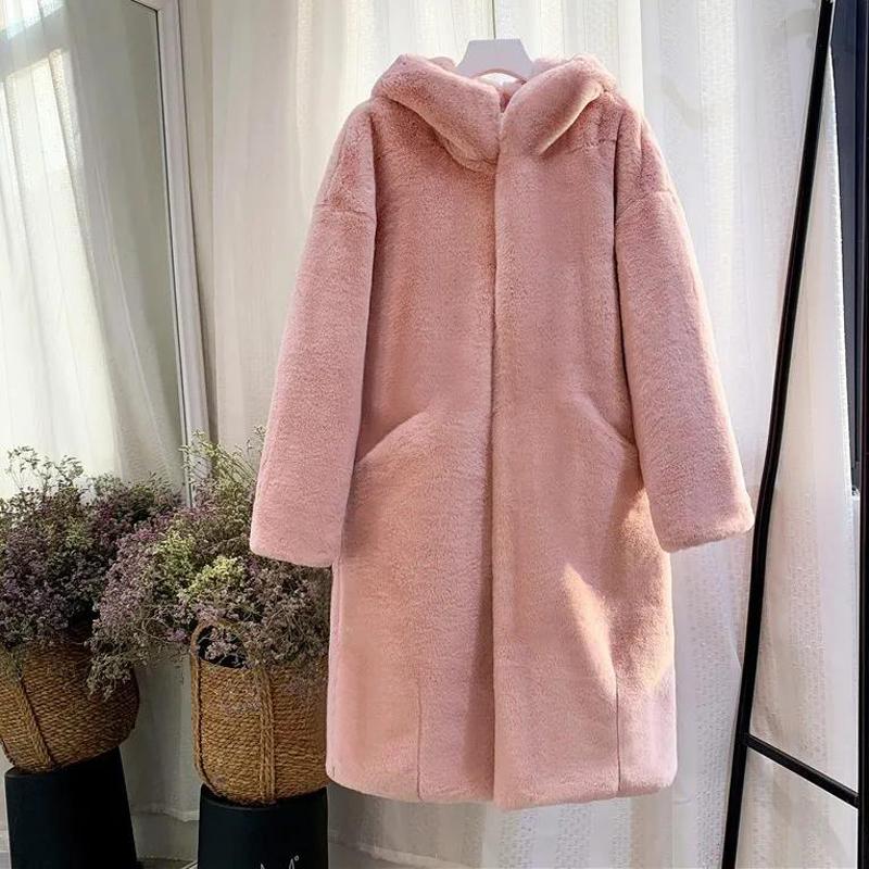 

Women s Thick Winter Faux Fur Coat Casual Loose Overcoat Female Hooded Rabbit Fur Long Coats XL рожевий