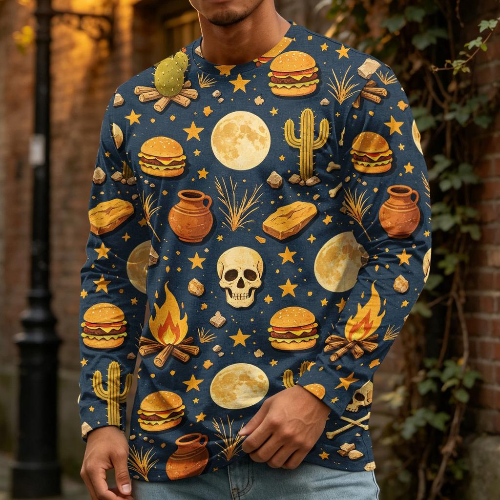 Men's Halloween Print Crewneck Long Sleeve T-Shirt for Casual Wear