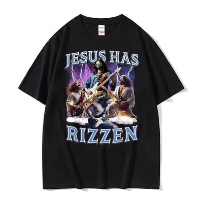 Funny Jesus Has Rizzen Rock Star Tee Shirt Mens Clothing Fashion Gothic Cool T Shirt Unisex High Quality Cotton Casual Tshirts