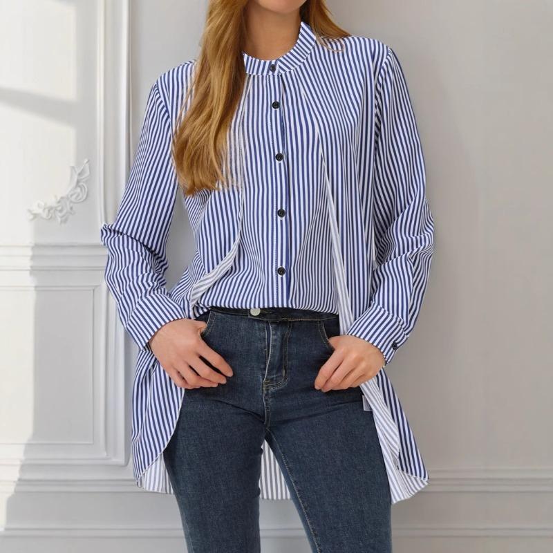 Women's Striped Fake Two-piece Round Neck Long Sleeved Shirt Suitable for All Seasons Casual Shirt