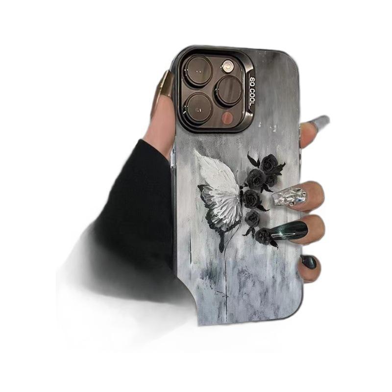 Black and White Butterfly Rose for iPhone16plus Mobile Phone Case 12promax Apple 15 Anti-drop 14 Matte 13