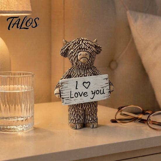 Lifelike Highland Cow Decor Desktop Ornament, Heartwarming Animal Figurine, Resin Gifts for Lovers Statue with Confession Sign Home Office Desk